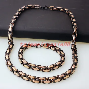 

High Quality 8mm Wide Black&Rose Gold Stainless Steel Byzantine Box Chain Men's Women's Bracelet Necklace Jewelry Sets 22"/8.66"