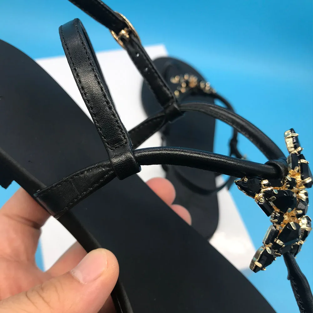 Women Sandals Black Star Rhinestones Design Beach Strappy Sandals G039 Cow Leather Flats