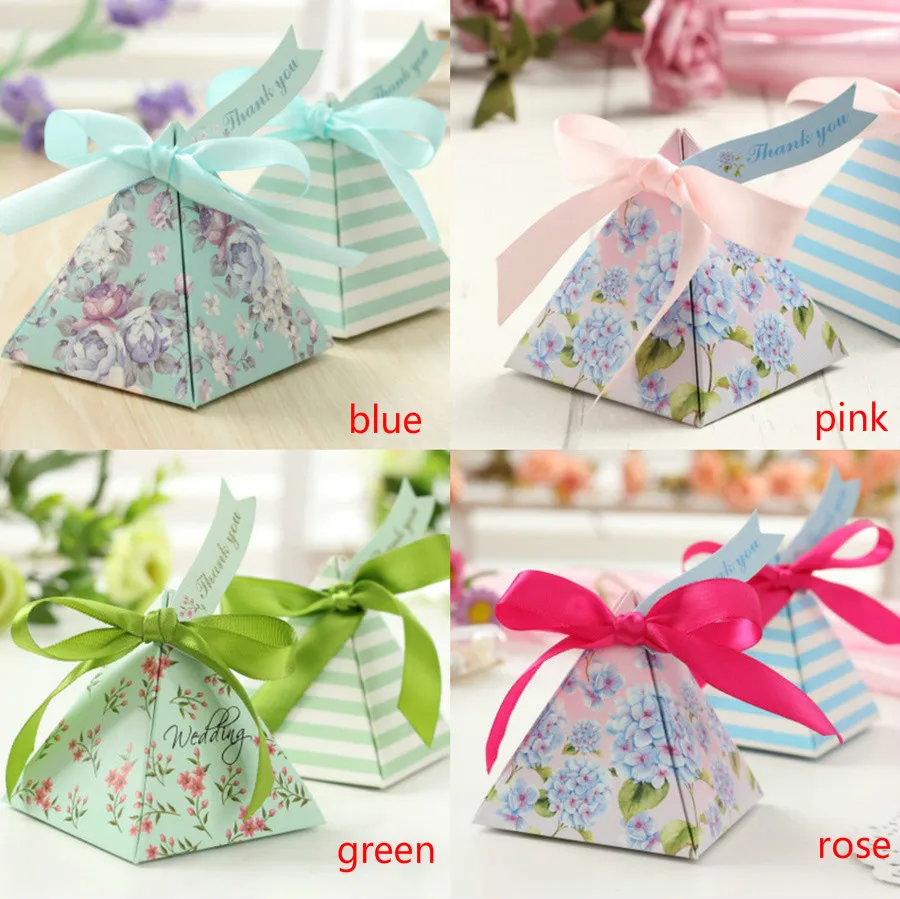 

100pcs European Triangular Pyramid blue / green / pink / rose Floral Wedding Favors Candy Boxes Party Gifts Box + Ribbons + Tags