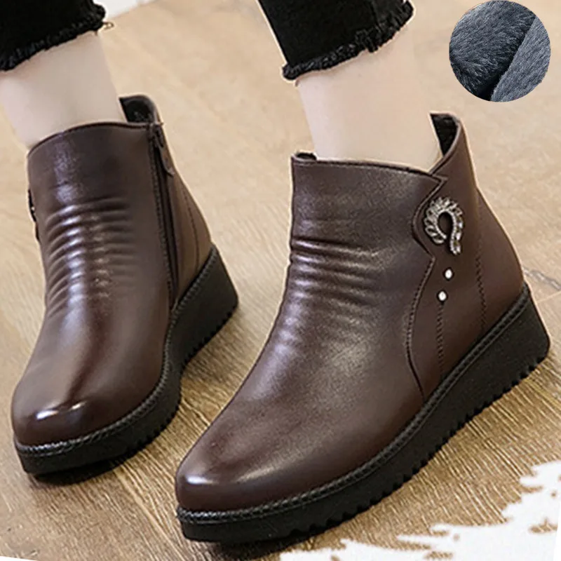 

Women Ankle Boots Genuine Split Leather Black Round Toe Wedges Heel Plush Female Mother Platform Ladies Shoes Botas Mujer 5211W