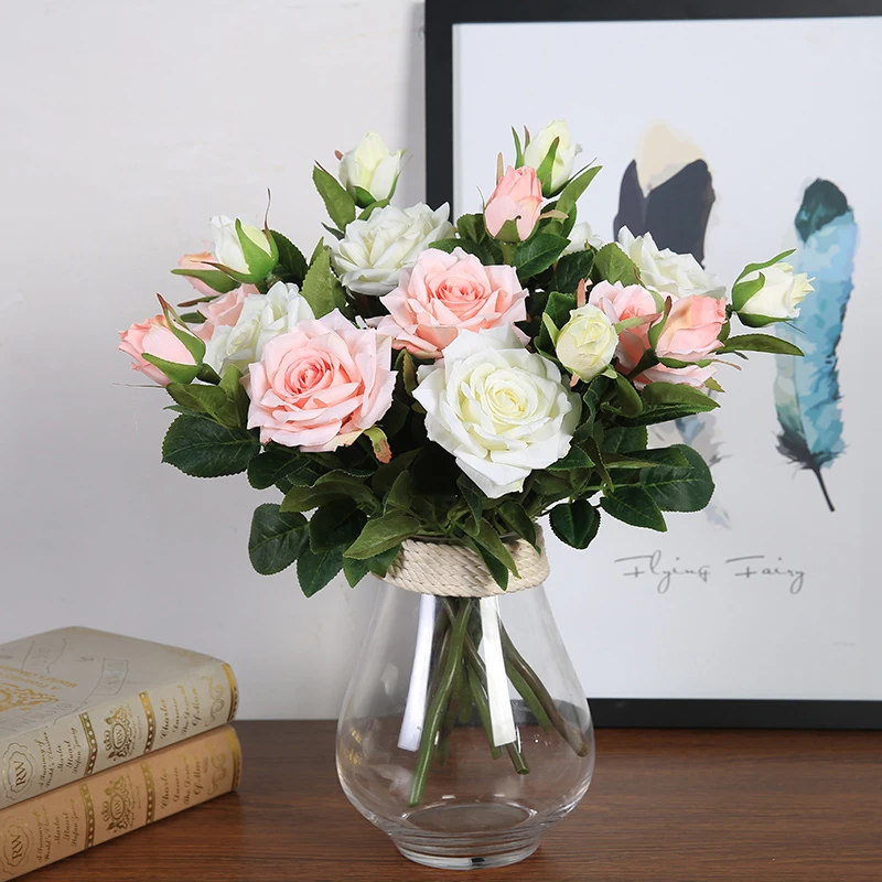 

Rose Artificial Flowers Pink Yellow Red White Wedding Decoration Bride Holding Flowers Silk Real Touch Plants Home Decor Indoor