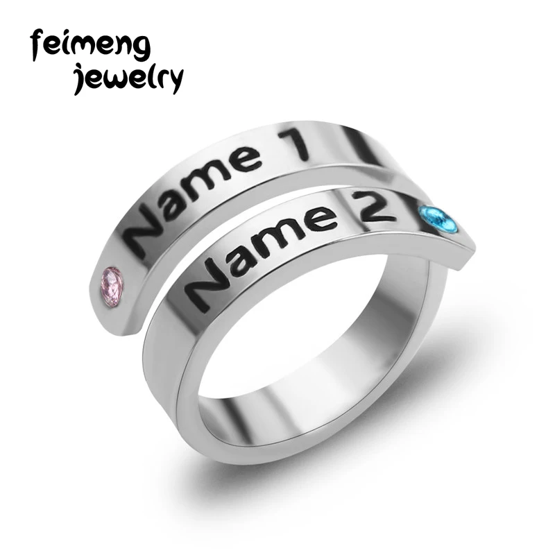 

Engraved Custom 2 Names Ring Birthstone Stainless Steel Adjustable Rings Custom Month Jewelry For lover friends Wedding Gifts