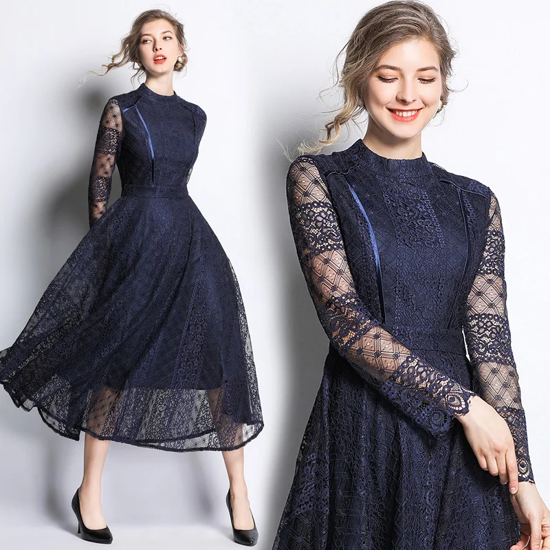 Ceny W stylu Retro Big dnem sukienka z niebieskiej koronki Zomerjurk Dames 2019 wiosna z długim rękawem Retro na przyjęcie sukienka Vestidos Invierno K5786