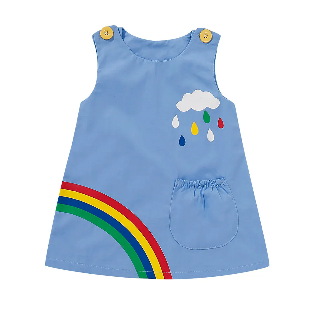 

Stylish personality rainbow cloud print pocket denim dress Girl Sleeveless Rainbow Printed Denim Princess Dress Clothes F4