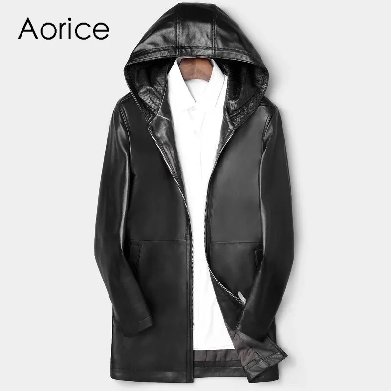 

Aorice MT911 2020 New fashion men jacket Medium long hooded genuine sheepskin leather mens jacket and coats outwear