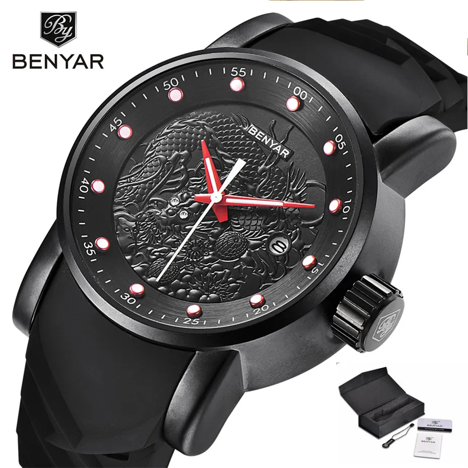 

BENYAR Top Brand Men's Watch Creative Dragon Dial Design Clock Male Fashion Silicone Quartz Movement Aviator Military Mens Watch
