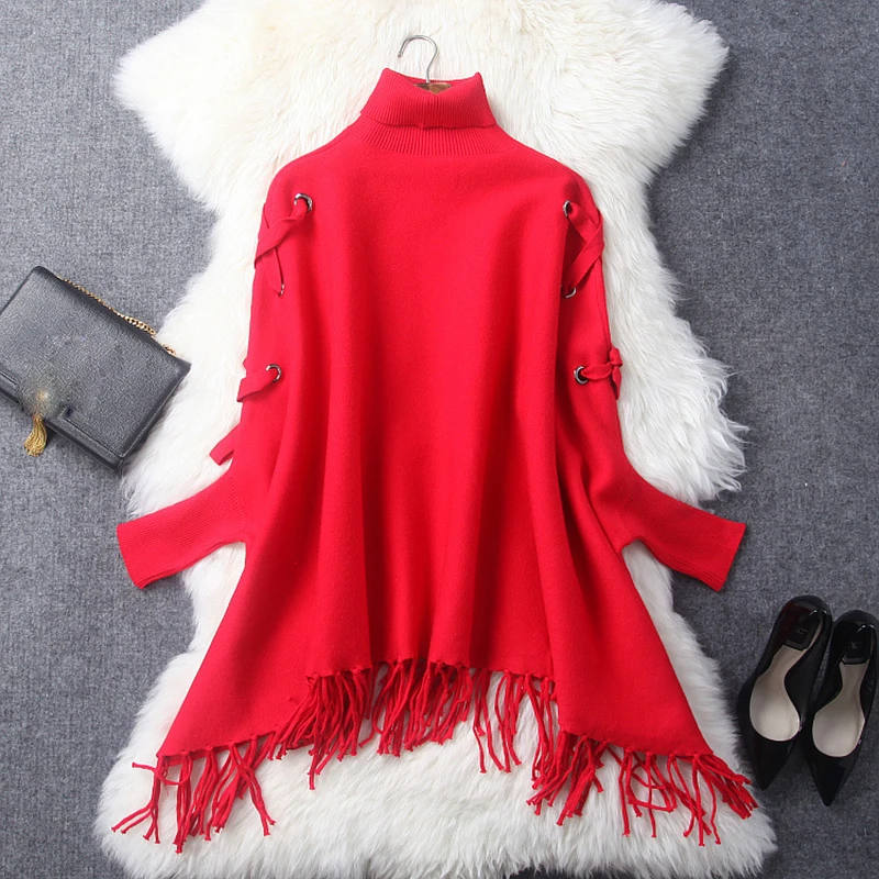 Pulls Gland Femelle Qualité Tricoté Lâche Chauve 2018 souris Col Roulé Manches Femmes rouge Chandail Haute Printemps Cape Nouveau Noir gris fqfZYI