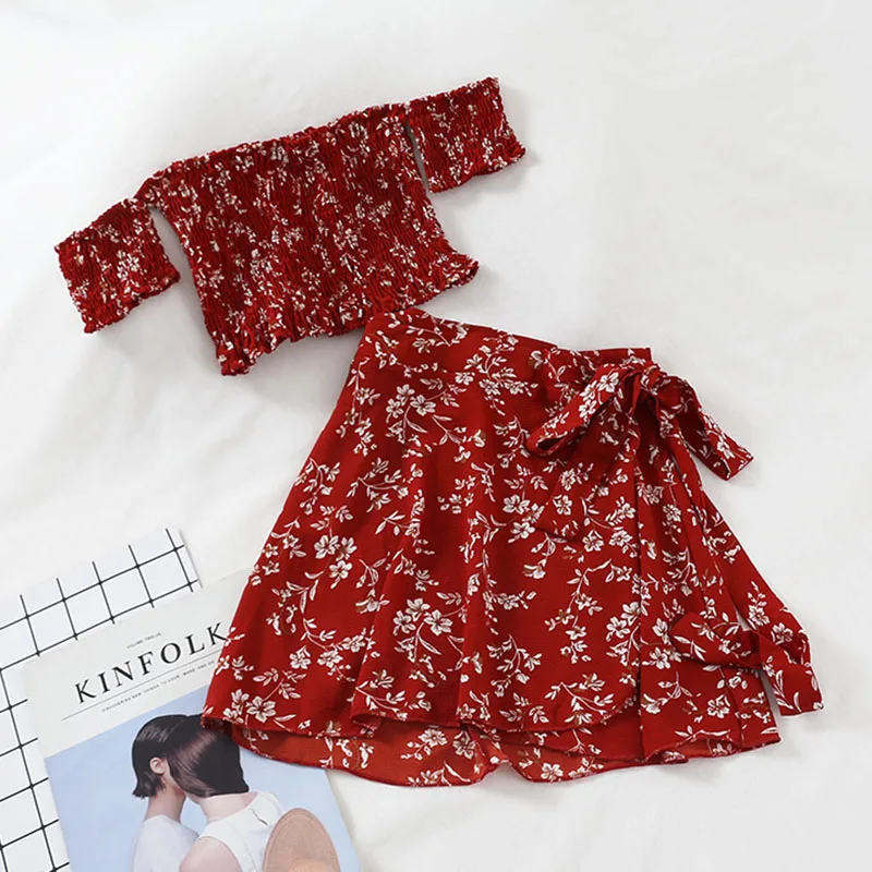 

Women Summer Dress Suit Set Boho Beach Holiday Floral Print Strapless Tube Short Crop Top Preppy Style High Waist A-line Skirt