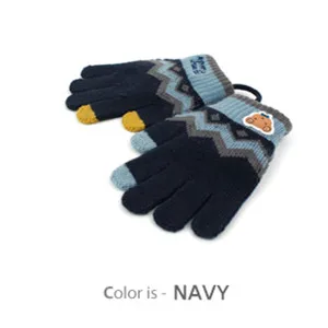Южнокорейские детские перчатки с изображением медведя из мультфильма, вязаные перчатки с сенсорным экраном и пятью пальцами для мальчиков, зимние теплые Висячие веревочные варежки - Color: Navy