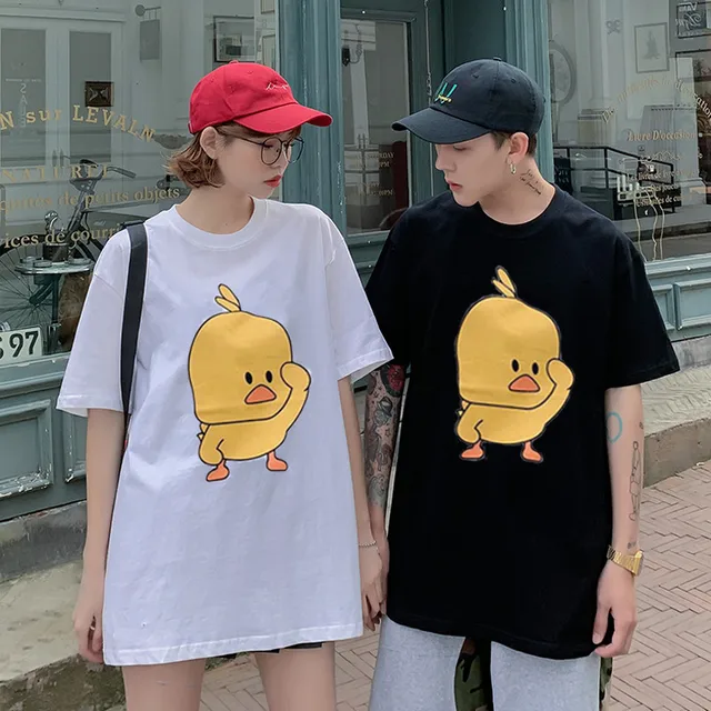 2019NEW Cotton Couple clothes Japanese street Korean Style Women's t-shirt letter Kawaii Duckling fashion white Oversized Tops