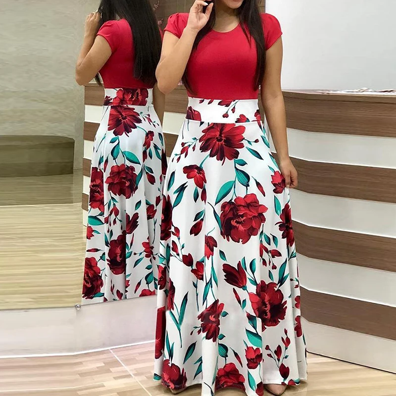 Summer Fake Two Piece Plus Size Floor-length Dress Women Short Sleeve Printing Dresses Female O-Neck Dot Long Maxi Vestidos