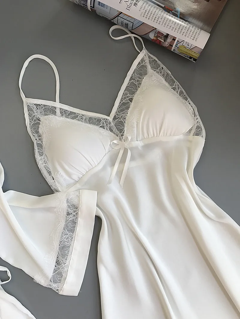 Queenral 2PCS Women Gown Sets Silk Satin Robe Nightgown Set Sleepwear Home Suit Night Sleep Plus Size M-XL Intimate Lingerie 10