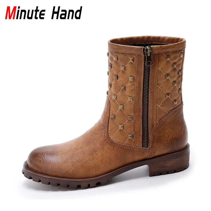Minute Hand New Fashion Women Rivets Ankle Boots Side Zipper Autumn Winter High Top Round Toe Low Square Heel Casual Shoes | Обувь