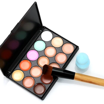 

New Face Foundation Cream + Makeup Brush + Puff Color Corrector Camouflage 15 Colors Concealer Palette Contoured Face Makeup Set