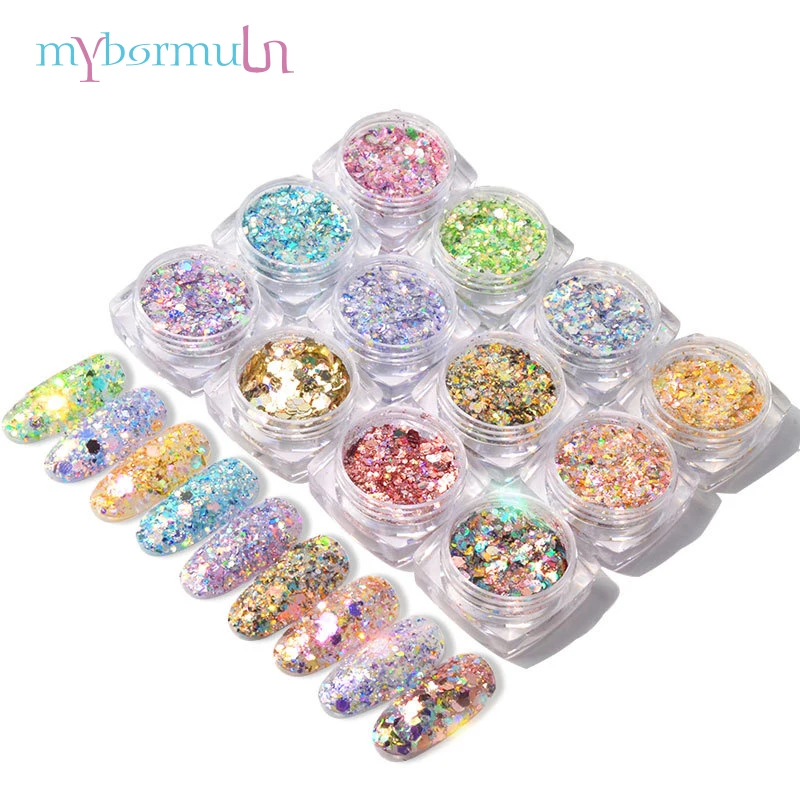 

MYBORMULA 1 Box 3D Mixed Nail Glitter Powder Sequins Shiny Nail Art Nail Decoration For Nail Art 12 Colors for Gel Polish
