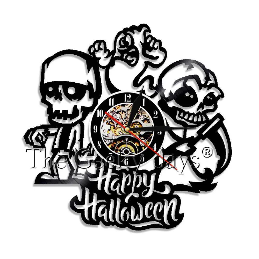 

Happy Halloween Skull Vinyl Record Wall Clock Skeleton Cosplay Christmas Party Haunted House Decor Wall Art Hanging Retro Clock