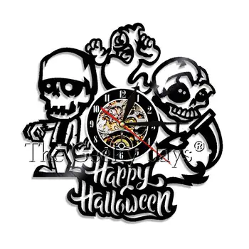 

Happy Halloween Skull Vinyl Record Wall Clock Skeleton Cosplay Christmas Party Haunted House Decor Wall Art Hanging Retro Clock