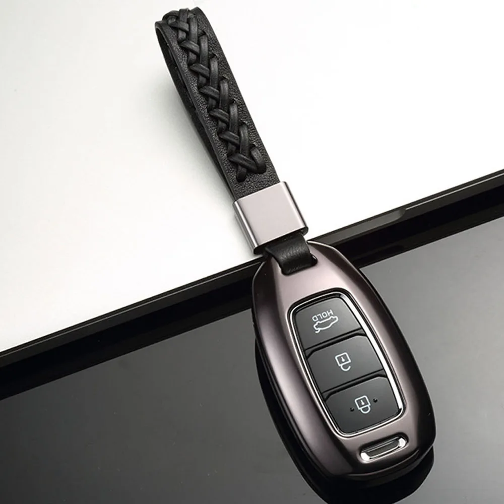 Алюминиевый сплав автомобильный чехол для ключей чехол для hyundai i30 Ix35 Solaris Azera Grandeur Ig Accent Santa Fe Palisade KONA Encino - Название цвета: Gray Braided buckle