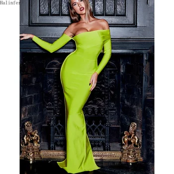 

Halinfer 2019 new Autumm green dress sexy bodycon Slash Off the Shoulder neck bandage dress dresses vestidos wholesale