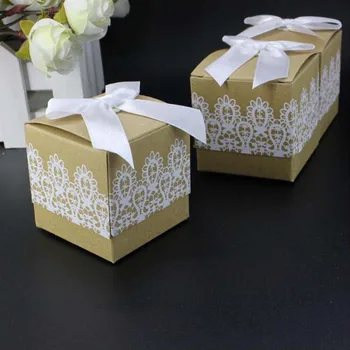 

50pcs/lot white lace figure 5*5*5cm sweet kraft paper candy box sweet wedding favor boxes with white bow