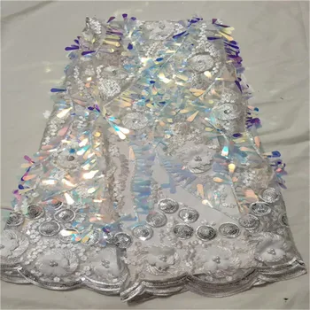 

Hot Sale French lace 5yards/lot cheap african sequins lace fabric white 3D sequins high quality african tulle lace fabric
