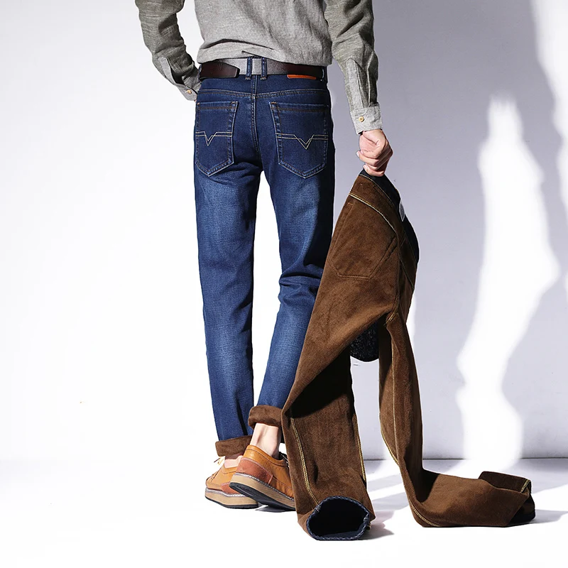 AIRGRACIAS мужские зимние Стрейчевые плотные джинсы, теплые флисовые Высококачественные мягкие джинсовые байкерские джинсовые штаны, брюки, размер 28-42, брендовые джинсы