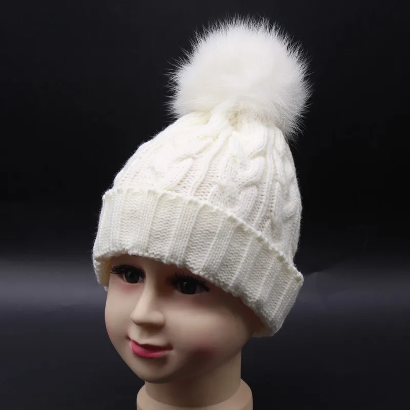 Помпон из лисьего меха шапка зимняя шляпа для детей теплая Твист вязаная шапочка детская Помпон шляпы детские для девочки зима