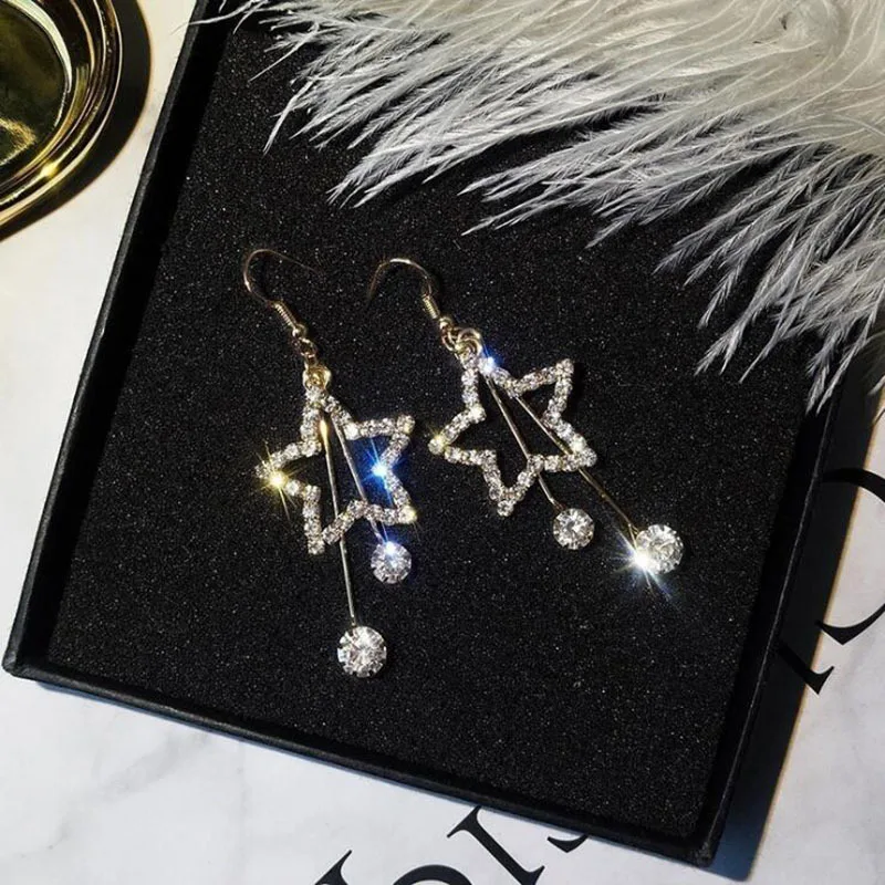 

2019 New Fashion Brincos Oorbellen Bijoux Crystal Rhinestone Hollow Five-pointed Star Hanging Earrings Ladies Fashion Jewelry