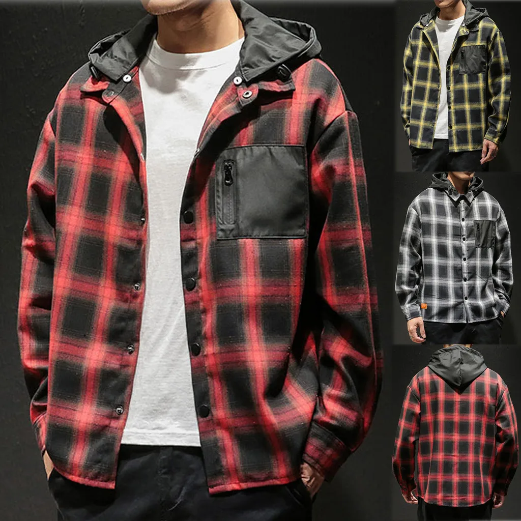 Plaid Men Jacket Coat Men's Casual Fashion Plaid Printing Loose Hoodie Removable Long Sleeve Shirt Top Handsome Outerwear Coat