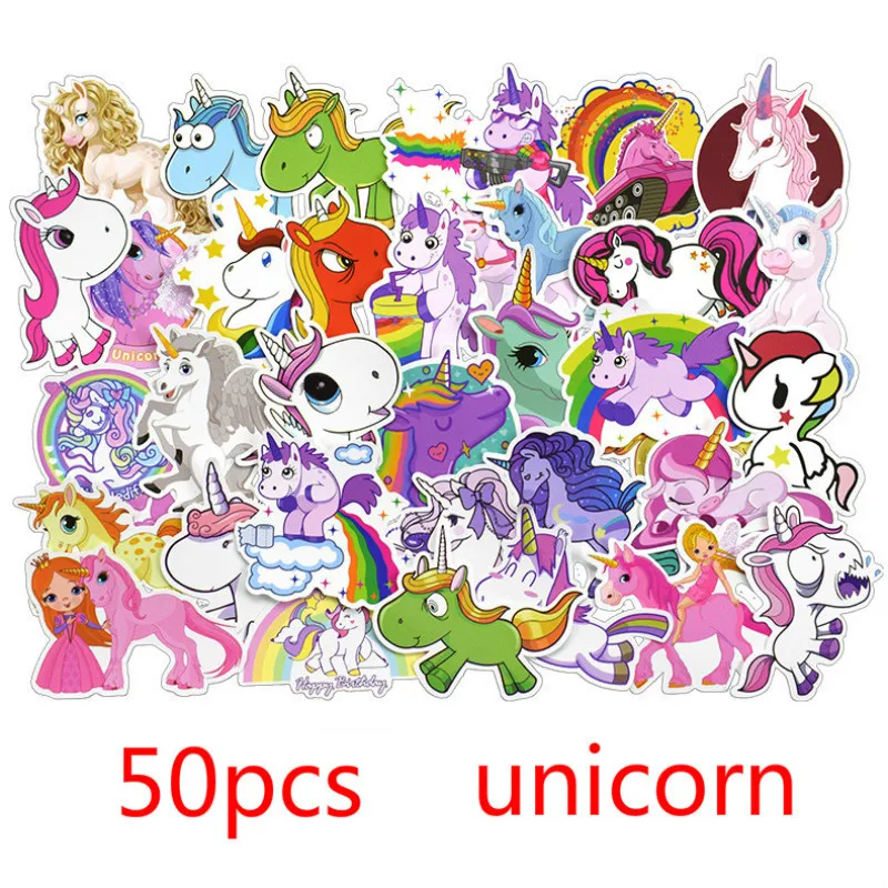 50 шт.. Не повторяющийся Kawaii Unicorn ПВХ наклейка s Мультфильм тележка граффити бренд путешествия СКЕЙТБОРД гитара багажная наклейка автомобиля