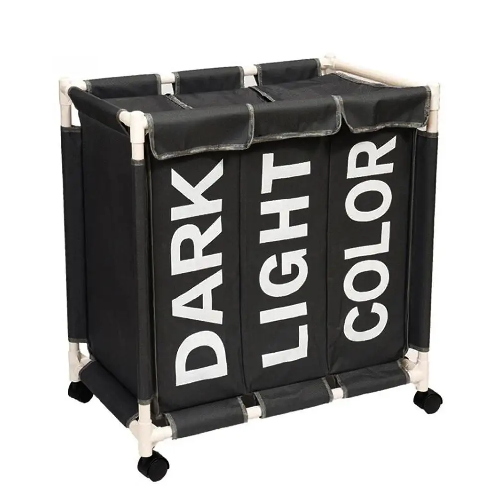 

monokweepjy Three-Grid Wheeled Lid Storage Basket Oxford Cloth Hamper Moisture-Proof Folding Basket 3 Bag Rolling Laundry Sorter