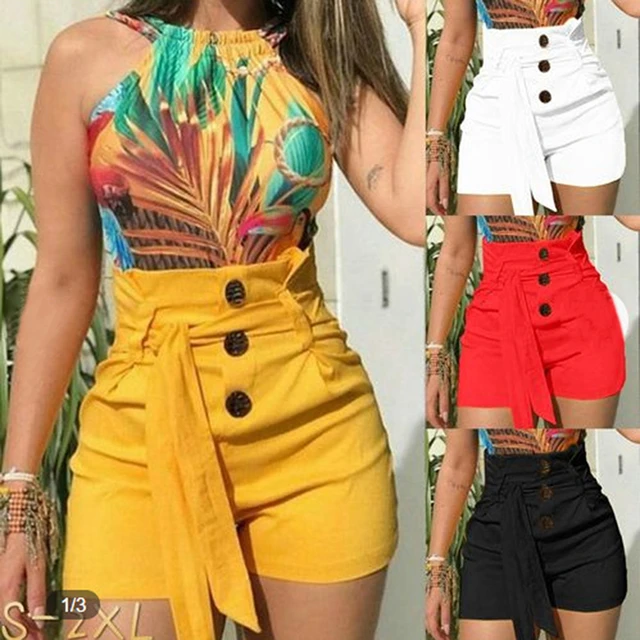 Pantalones cortos informales de cintura para mujer, Shorts ajustados con cinturón de playa, color negro, rojo, y amarillo, novedad verano, 2019 _ - AliExpress Mobile