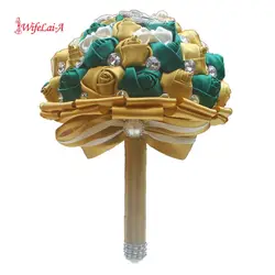 WifeLai-золотой с изумрудно-зеленый искусственная Роза невеста букет с бриллиантом ленты Букеты Свадебные украшения цветы W2913