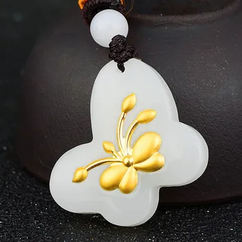 

New Design Hetian Jade 24k Gold Necklace Pendant Natural Jade Butterfly Pendants For Couple Men Women Christmas Gift