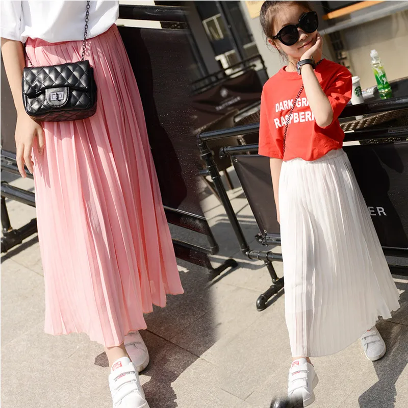 Детские длинные гофрированные шифоновые юбки для девочек Новинка года, летняя детская юбка миди для девочек, юбка в стиле бохо, черно-розовые белые юбки Q173