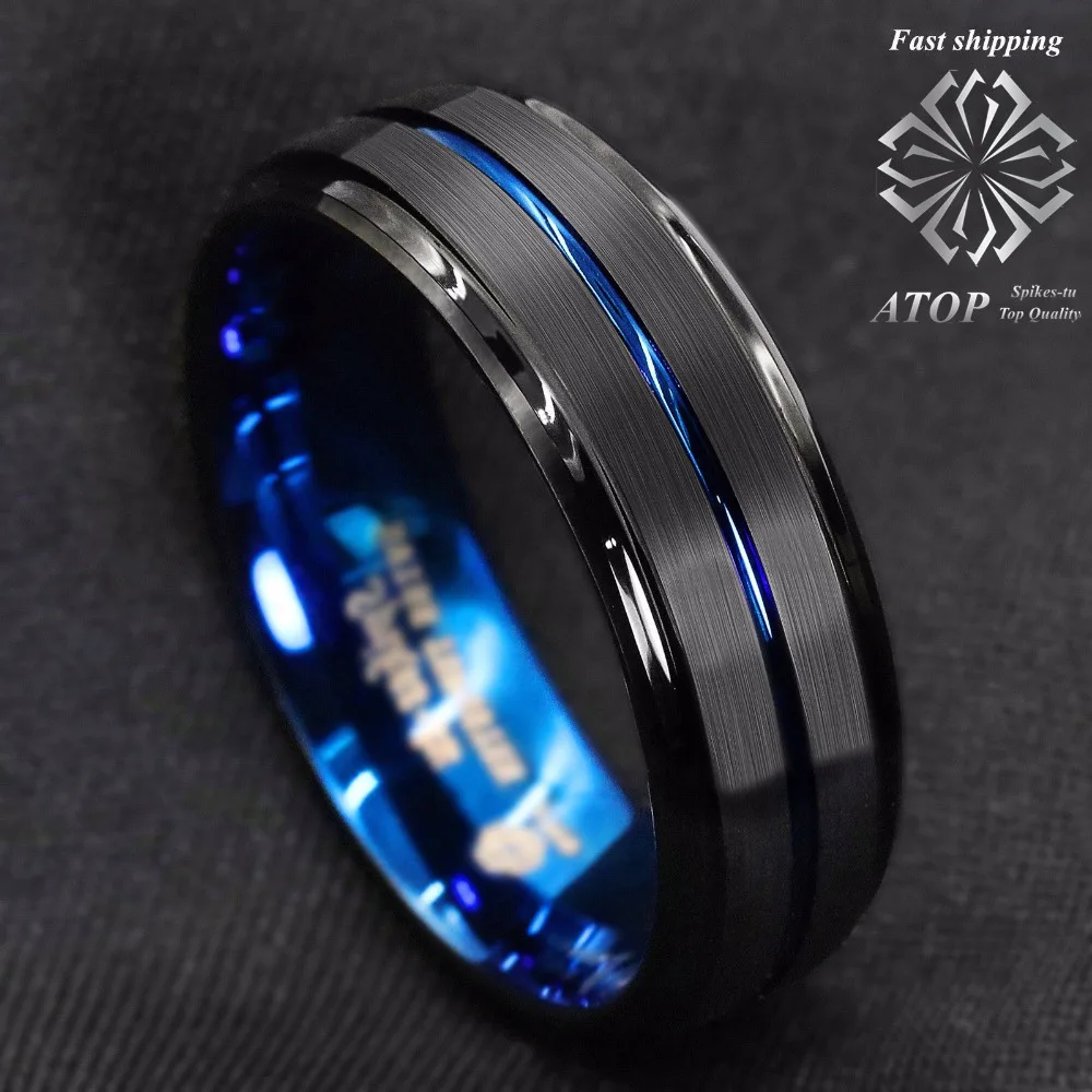 8MM Black Brushed Ladder Edge Tungsten Ring BLue Stripe ATOP Mens Wedding Band
