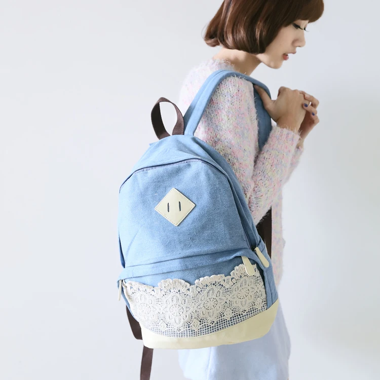 2015 American vintage denim backpack,small fresh soft lace designer