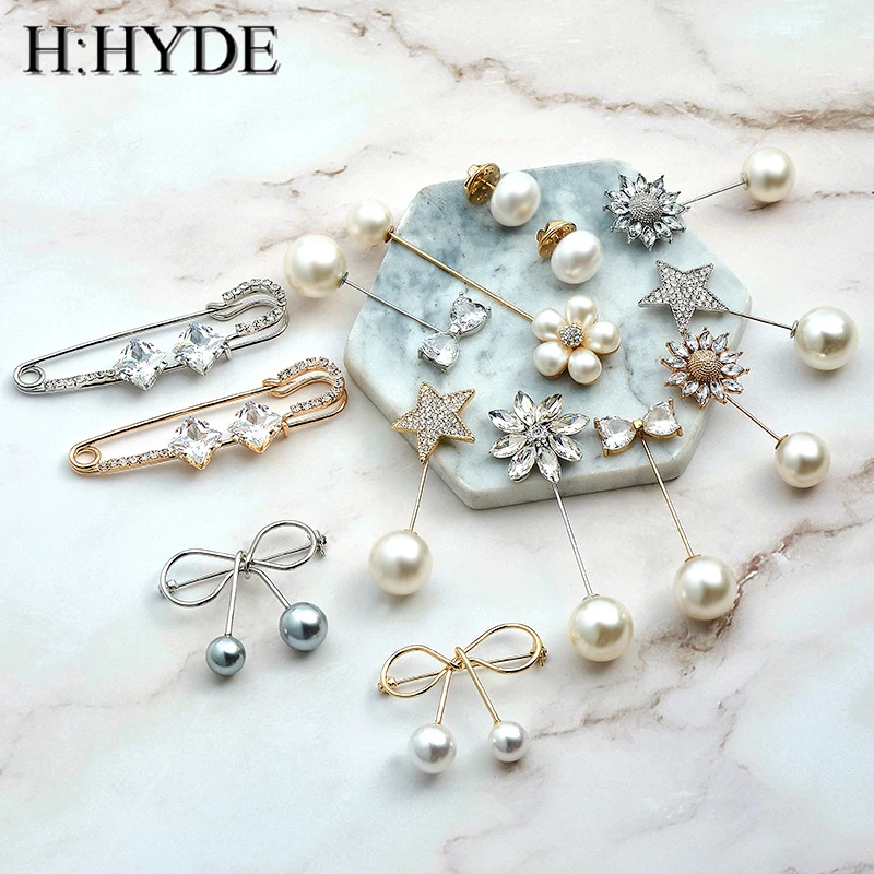 

H:HYDE Fashion Pins Woman/Girl Imitation Pearl Brooch Classic Charm Bow-knot Accessories Simple Double Pearls Brooches All-match