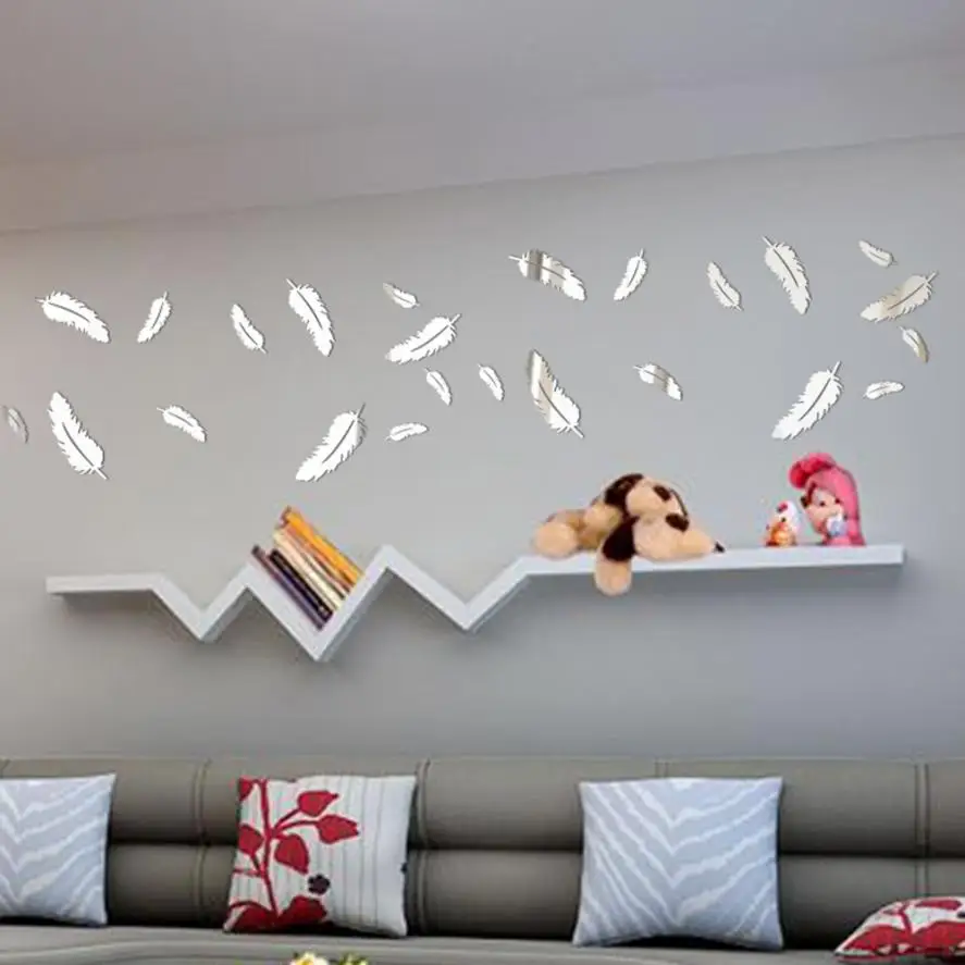 

12pcs Feather Mirror Wall Sticker DIY Wall Clock Removable Decal Vinyl Art Wall Sticker Home Decor 2JU22