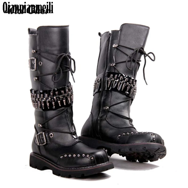 2017 punk Over Knee High Boots Mens Military Boots Natural Cow Leather ...