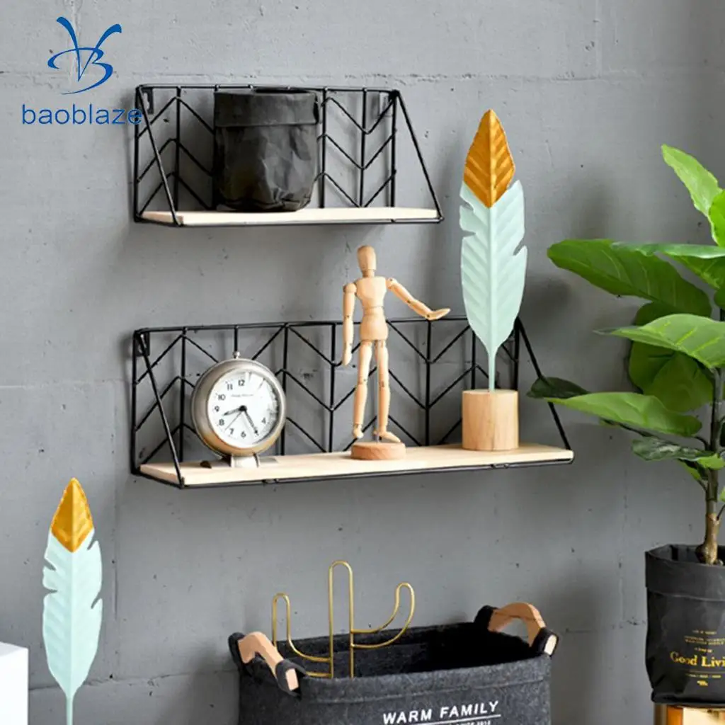 Iron Wall Hanging Storage Organizer with Pine Wood Board Plants Holder for Bedroom, Living Room, Bathroom, Kitchen, Office