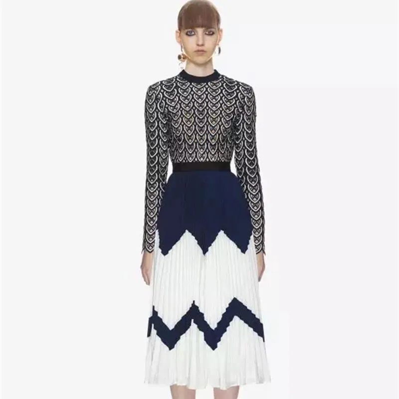 

HANZANGL New arrival 2019 autumn dress blue heavy-duty women lace party dress hollow contrast pleated midi dress
