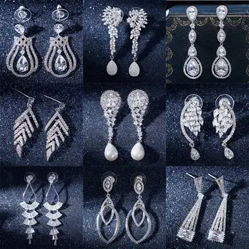 

Huitan Exquisite Drop Earrings with Simulated Pearl Halo CZ Prong Setting Jewelry Elegant Engagement Wedding Earrings for Women