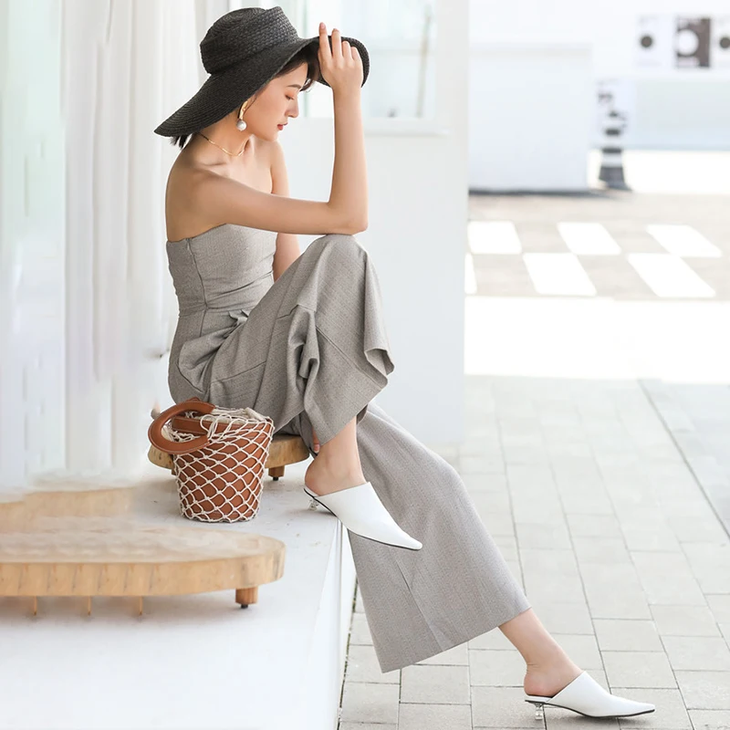 GALCAUR лето с открытыми плечами, без бретелек женский комбинезон для высокой талии тонкие широкие брюки женские корейская мода повседневная одежда