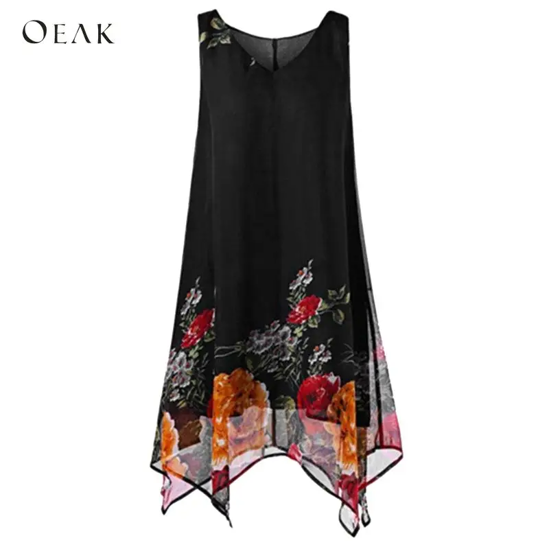 

OEAK 2018 Summer Dress Women Floral Print Chiffon Dress Sleeveless Boho Style Short Beach Dress Casual Irregular Hem Vestido
