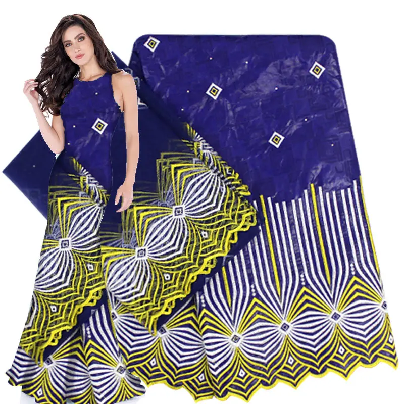

Blue African Bazin Riche Getzner stones Lace Fabric with 2yards Embroidered Yellow French Tulle Lace for party dress b180704