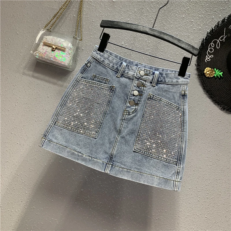 Новая летняя модная универсальная женская джинсовая юбка с завышенной талией и двумя карманами, женская короткая трапециевидная юбка