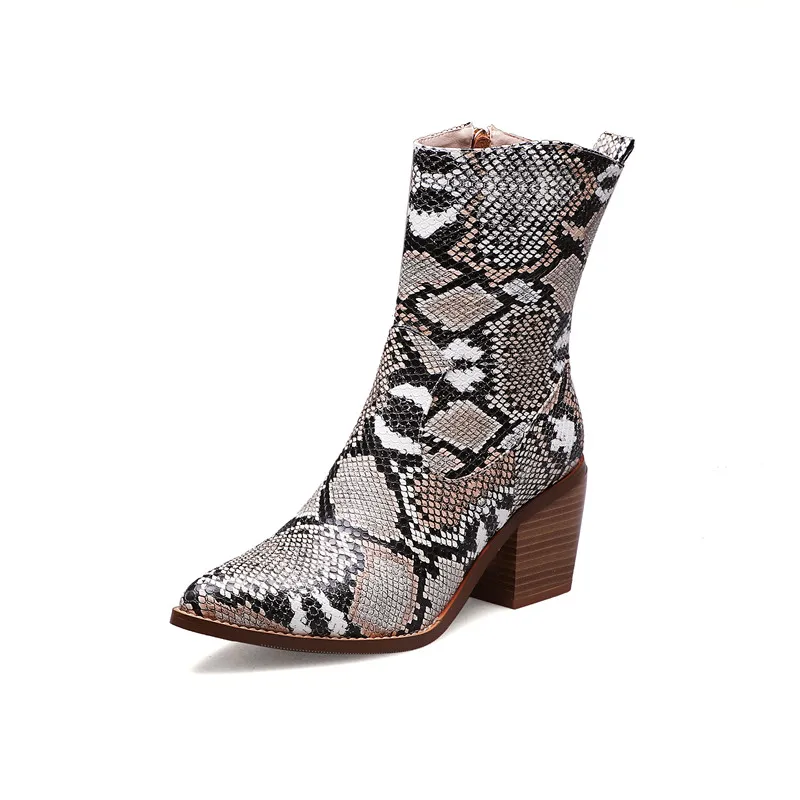 

print snake microfiber leather python high heel ankle boots for women zip casual shoes riding autumn winter cowboy boots women