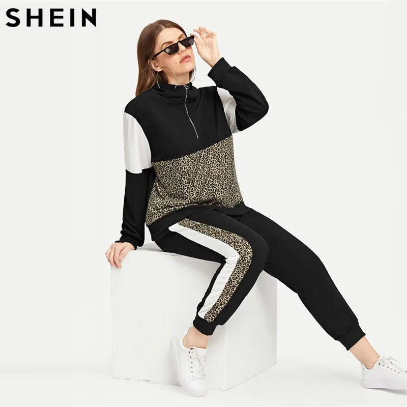 

SHEIN Plus Size Athleisure Leopard Print TeeAndPants Set Women Half Placket Spring Sporting Casual Two Piece Sets Matching Set