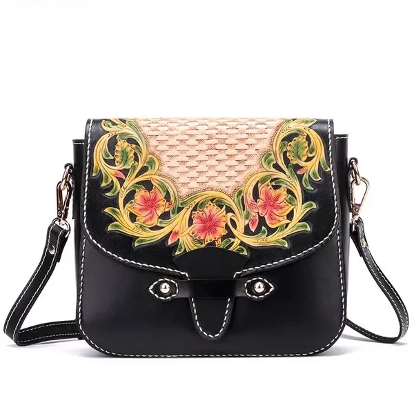 

Chinese Style Hand Engraved Genuine Leather Women's Small Summer Flower Purse Cow Skin Female Saddle Bag Lady Cross Shoulder Bag
